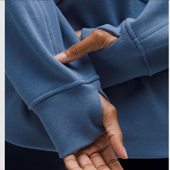 Lululemon Oversized Scuba Wash Denim Blue Funnel-Neck Half Zip w/ Gold Hardware - Picture 3 of 6